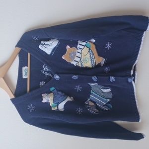 Vintage Cottage Cove Embroidered Cardigan Sweater Cats Ice-skating Blue